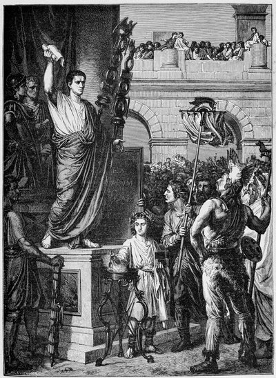 Augustus (Octavianus of Octavianus) (63 v.Chr. - 14 n.Chr.) presenteert de grondwet aan de afgevaardigden van de drie provincies van Keltisch Gallië verzameld in Lyon (jaar 10 n.Chr.) - in 
