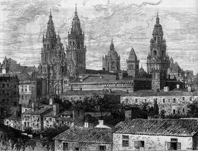 Barokkunst: zicht op de kathedraal van Santiago de Compostela. Spanje. Gravure in 