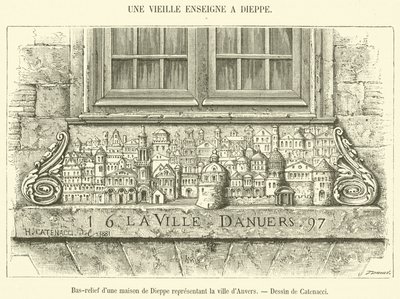 Bas-reliëf van een huis in Dieppe dat de stad Antwerpen voorstelt door French School