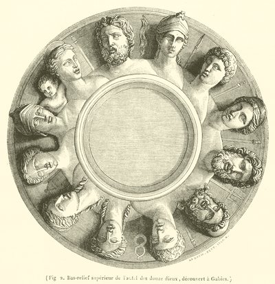Bovenste bas-reliëf van het altaar van de twaalf goden, ontdekt in Gabies (gravure) door French School