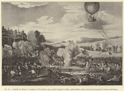 Slag bij Fleurus, 8 messidor jaar II (26 juni 1794), waarbij de militaire luchtballon alle bewegingen van het Oostenrijkse leger observeert door French School