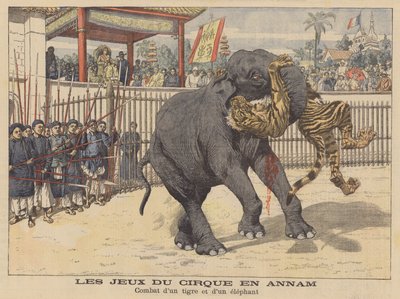 Gevecht tussen een olifant en een tijger in een circus in Annam, Indochina (kleurenlitho) door French School
