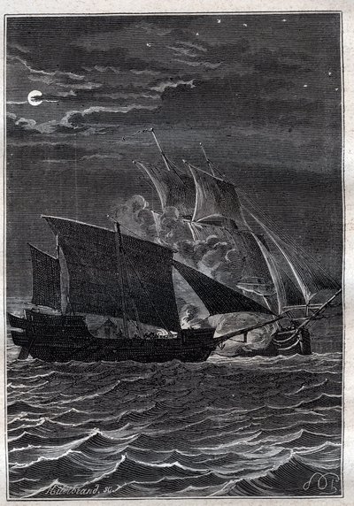 Slag van de Zwaluw en een Maleisische piraat: Het Zwaluwschip van Philip Carteret of Philippe de Carteret (1733-1796) vocht met een Maleisisch piratenschip in de Indonesische wateren in 1767 - illustratie uit 