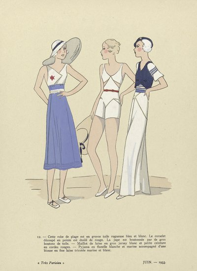 Strandkleding uit Tres Parisien, juni 1933 (pochoirprint) door French School