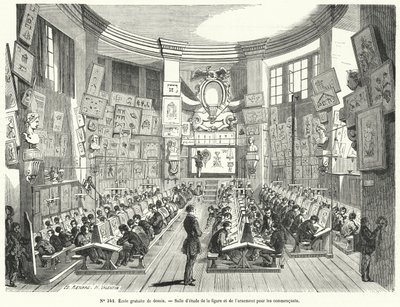 Beginnersklas in een gratis tekenschool, Frankrijk (gravure) door French School