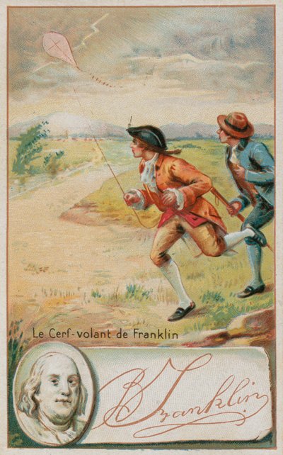 Benjamin Franklin die een vlieger oplaat die door bliksem wordt getroffen door French School