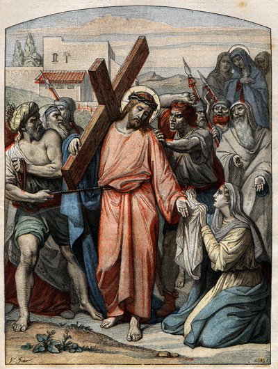 Bijbelse scène - Kruisweg: Jezus heeft zijn gezicht afgeveegd door St. Veronica. Gravure in 