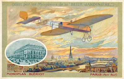 Bleriot-eendekker en een uitzicht op Parijs met de Pont Neuf door French School