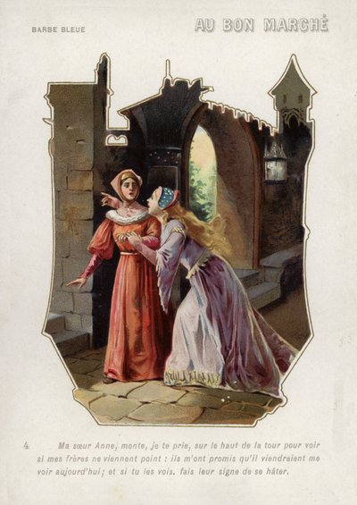 Blauwbaards vrouw zegt tegen haar zus, Anne, dat ze de toren van het kasteel moet beklimmen en uitkijken naar haar broers door French School