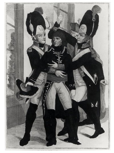 Bonaparte (1769-1821) beschermd door twee grenadiers tijdens de zitting in St. Cloud, 19 brumaire an 8 (10 november 1799), ca. 1800 door French School