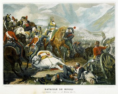 Bonaparte (midden), na zijn overwinning op de Oostenrijkers bij de Slag bij Rivoli (Italië) op 14 januari door French School