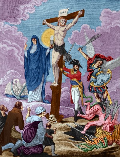 Bonaparte, hersteller van religie en ondersteuner van het Kruis, Allegorie op het Concordaat, 1802 door French School