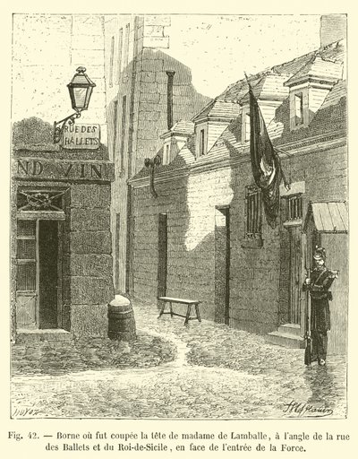 Plaats waar het hoofd van mevrouw de Lamballe werd afgehakt, op de hoek van de rue des Ballets en de Roi-de-Sicile, tegenover de ingang van de Force door French School