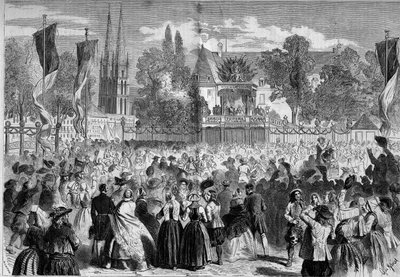 Bretons Bal op het Slagveld bij Quimper (Finistère, 29) in aanwezigheid van Napoleon III (1808-1873) en keizerin Eugenie (1826-1920). Gravure in "Le Monde Illustré" nr. 72 van 28 augustus. door French School