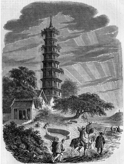 Boeddhistische architectuur: buitenaanzicht van de achthoekige pagode op Whampoa-eiland, China door French School