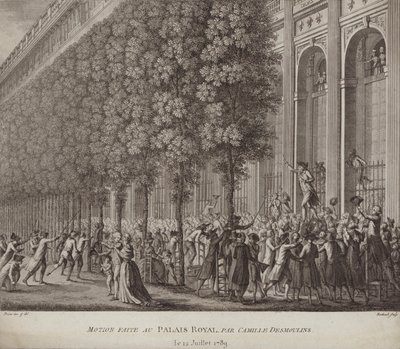 Camille Desmoulins roept op tot wapens voor het volk in het Palais Royal, Parijs door French School