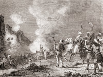 Kanonnen gebruikt als belegeringsmachines door sultan Abu Yaqub Yusuf bij het beleg van Sijilmasa, Marokko in 1274, uit Les Merveilles de la Science, gepubliceerd ca. 1870 (gravure) door French School