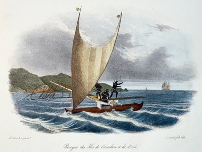Kano met zeil van de Vanikoro-eilanden, Salomonseilanden (archipel), kleuren gravure uit Voyage of discovery of the Astrolabe ondernomen in opdracht van de koning, tijdens de jaren 1826-1829, door Jules-Sebastien-Cesar Dumont d