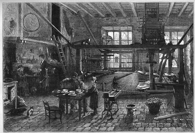 Canut werkplaats. Interieur van een zijdeweverij in Lyon tijdens een crisis aan het einde van de 19e eeuw. Gravure in Le Monde Illustré nr. 1039 van 10 maart 1877. door French School