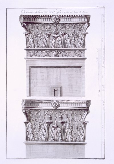 Kapitalen van de tempel bij de Romeinse Baden, Nimes, uit Antiquites de la France: Vol I, Monuments de Nimes door French School