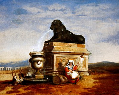 Capriccio van Romeinse overblijfselen met een Italiaanse boerin die spint, ca. 1825 door French School