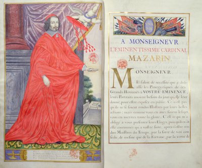 Kardinaal Mazarin, illustratie en toewijding uit Les Panegyriques des Hommes Illustres de Notre Siecle door Puget de la Serre, 1655 door French School