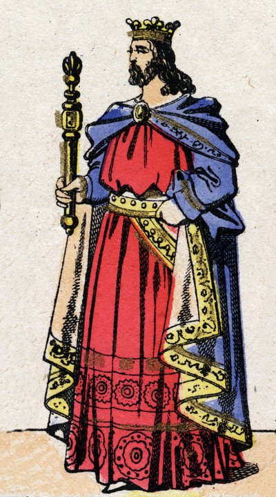 Karolingische dynastie: Portret van Lodewijk IV, bekend als Overzee (921-954), Koning van de Franken van 936 tot 954. Epinal afbeelding eind 19e eeuw. Privécollectie. door French School