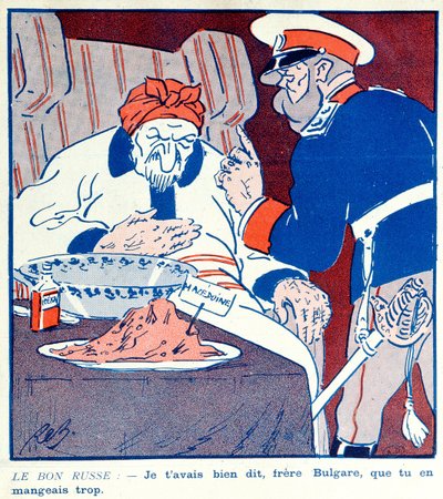 Cartoon die het hebzuchtige gedrag van Bulgarije bekritiseert over de verdeling van Macedonië tijdens de Balkanoorlogen 1912-13 door French School