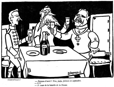 Cartoon van een Duitse soldaat en zijn vader met een satirische toespeling op de Duitse ramp bij de Marne, uit de 1 april editie van La Baionette magazine, 29 maart 1917 door French School