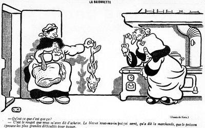 Cartoon van het rampzalige effect van de onderzeebootblokkade op een vis gekocht op een Franse markt, uit de 1 april editie van La Baionette magazine, 29 maart 1917 door French School