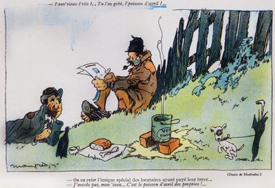 Cartoon van twee zwervers, uit de 1 april editie van La Baionette magazine, 29 maart 1917 door French School