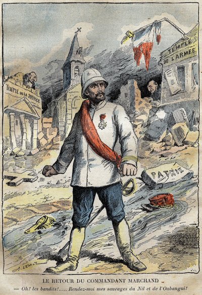 Spotprent op commandant Jean-Baptiste Marchand in Toulon, terugkerend van een ontdekkingsmissie (1896-1899) in Afrika. Gravure in 