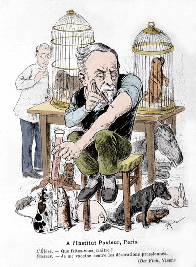 Cartoon van wetenschapper Louis Pasteur, uitvinder van het vaccin tegen hondsdolheid, die zichzelf vaccineert tegen Pruisische onderscheidingen. Gepubliceerd in 