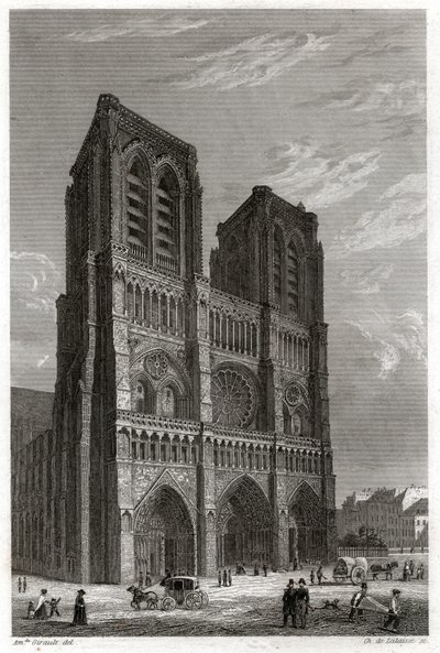 Kathedraal Notre Dame de Paris (gravure, ca. 1850) door French School