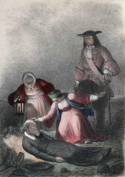 Catharina I van Rusland (Marta Elena Skavronska, later Marfa Samuilovna Skavronskaya) - Catharina I (1684 - 1727), als kind, vindt Pastor Skovronski, de pastoor die haar opvoedde, stervend tussen de doden van Mariembourg, een stad die door de Russen werd b door French School