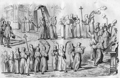 Katholiek vermaak en bijgeloof. Processie van Boetelingen tijdens de aanval op Rome door Keizer Otto I de Grote (912-973). Gravure in 