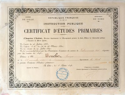 Certificaat van lager onderwijs, Academie de Lille, 1898 (inkt op papier) door French School