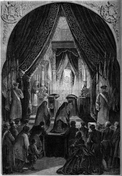 Chapelle ardente tijdens de begrafenis van Graaf Philippe Antoine Ornano (1784-1863), Maarschalk van het Keizerrijk. Parijs, Invalides door French School
