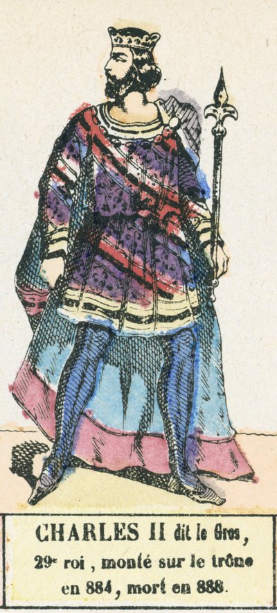 Karel II de Dikke, 29e koning, besteeg de troon in 884, stierf in 888 door French School