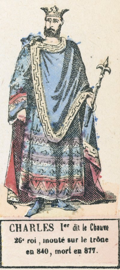 Karel de Kale, 26e koning, besteeg de troon in 840, stierf in 877 door French School