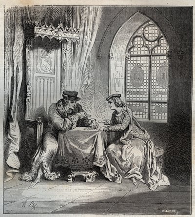 Karel VI (1380-1422) en Odette de Champdivers - Koning Karel VI van Frankrijk, bekend als Karel de Geliefde, later Karel de Waanzinnige (1368-1422) met zijn minnares Odette de Champdivers (circa 1390-1425) kaarten spelend gravure in 