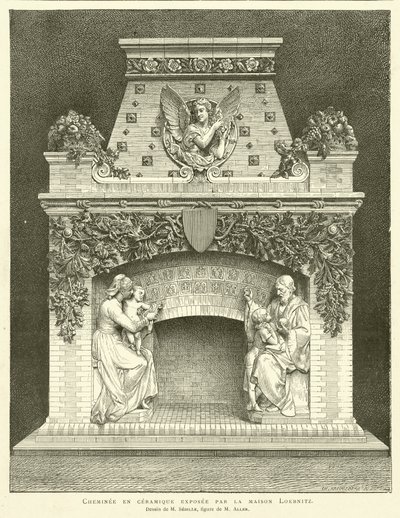 Keramische schoorsteen tentoongesteld door het huis Loebnitz, tekening van M Sedille, figuur van M Aller door French School