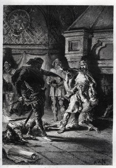 Childebert I (ca. 498-558) bij de moord op de erfgenamen van zijn broers in 526 - Childebert I laat Clotaire de kinderen van hun broer Clodomir, koning van Orléans, vermoorden, wiens staten ze delen, 526 - gravure uit 