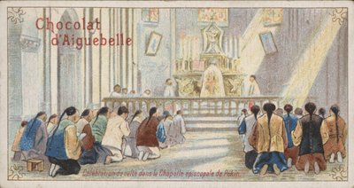 Christenen die aanbidden in de Episcopale Kapel van Peking door French School