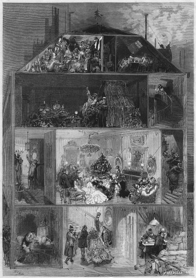 Kerstavond: doorsnede van een Parijs gebouw met verschillende manieren om oudejaarsavond te vieren. Gravure in 