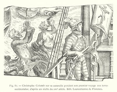 Christoffel Columbus op zijn karveel tijdens zijn eerste reis naar de westelijke landen; naar een niëllo uit de XVIe eeuw, Bibl Laurentienne van Florence (gravure) door French School