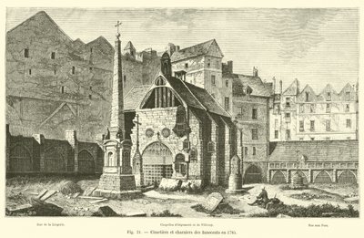 Begraafplaats en knekelhuizen van de Onschuldigen in 1785 door French School