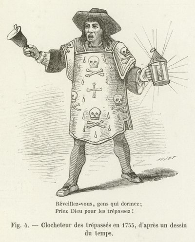Klokkenluider van de overledenen in 1755, naar een tekening uit die tijd door French School