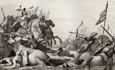 Clodion, de Harige (ca. 428-47) trekt zich terug over de brug na zijn nederlaag door Aetius, uit 
