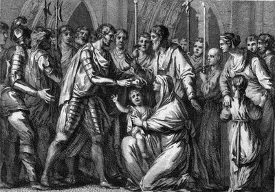 Clotaire (Clothaire) II, bekend als de Jonge (584-628), gekroond tot koning van Neustrië door zijn oom, Gontran I (ca. 545-592), koning van Orléans en Bourgondië. Zijn moeder, koningin Fredegonde (ca. 545-597), houdt hem in haar armen. 584. Gravure uit de  door French School